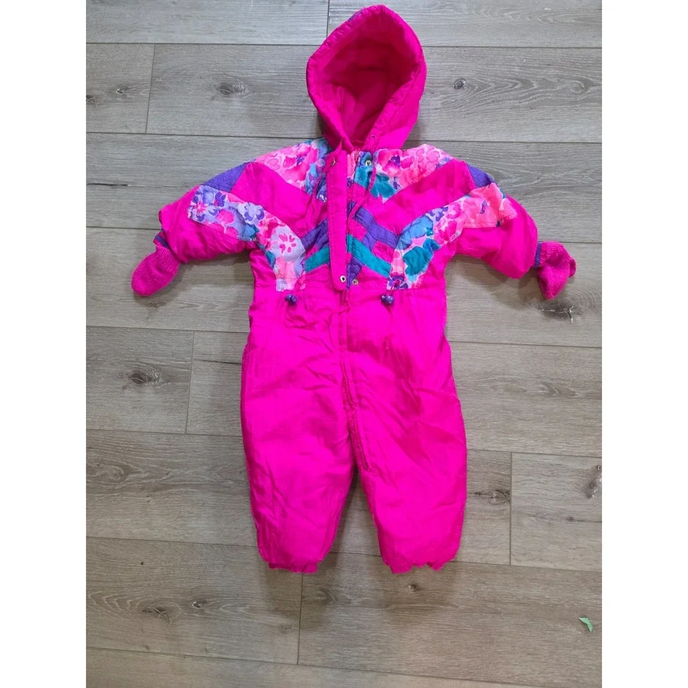 Vintage 80s 90s Snowsuit Baby Bunting Pink Insulated Hooded Lined + Mittens 18m